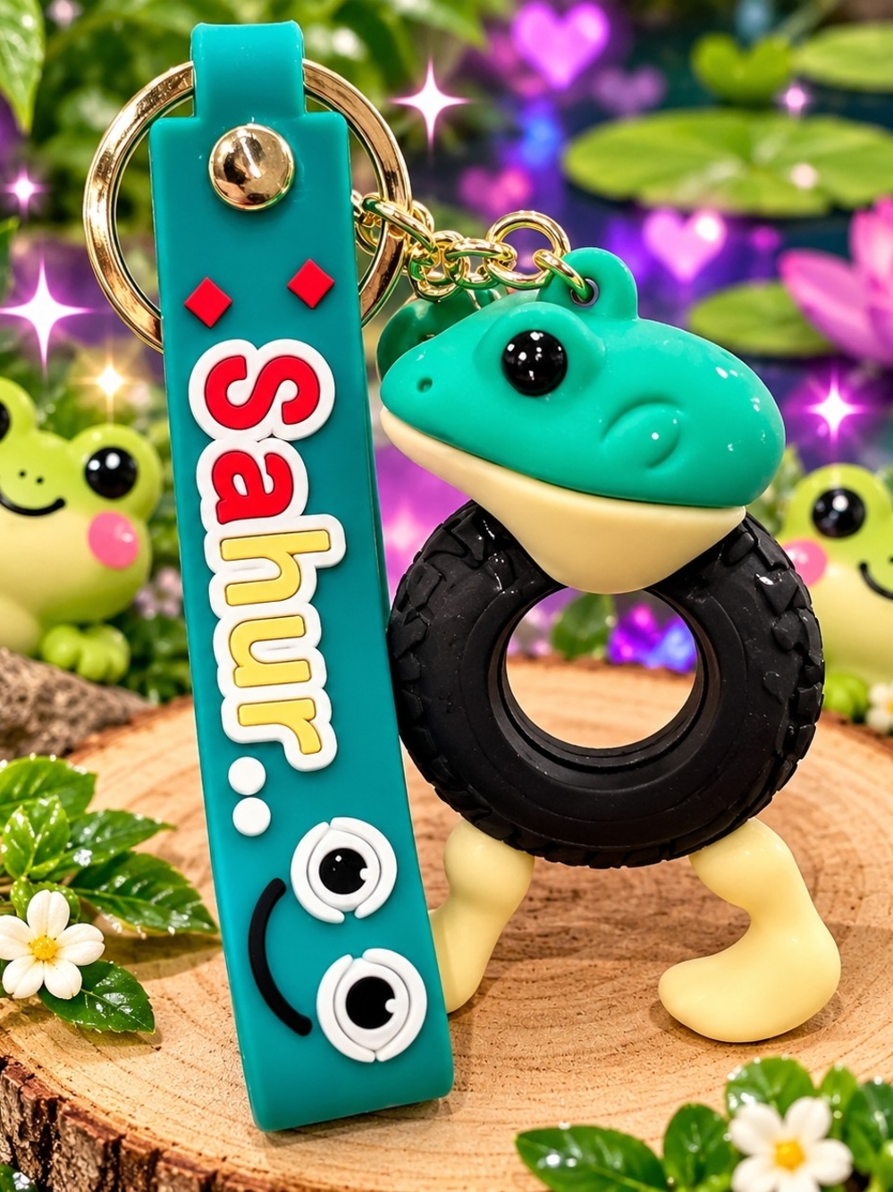 Sahuur Teal Frog Tire Keychain Charm